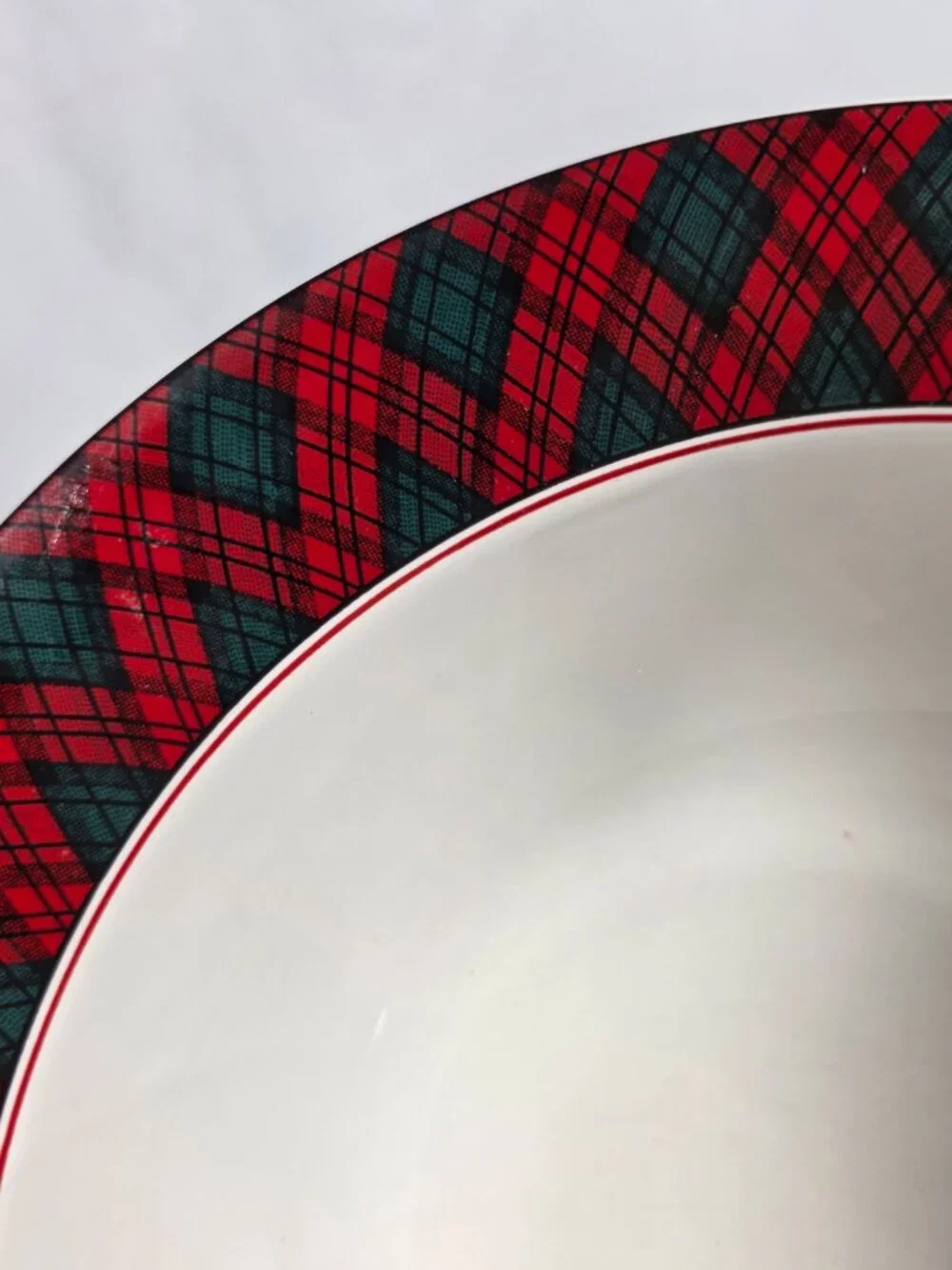 Sasaki Tartan Plaid 9 Inch Serving Bowl White with Red & Green Plaid Border